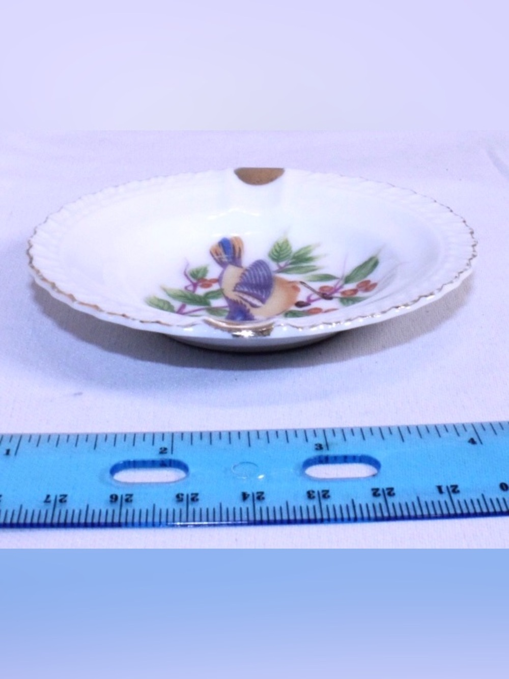 Hand-Painted Bird and Berries Porcelain Butter Pat Dish with Gold Trim - Picture 5 of 6